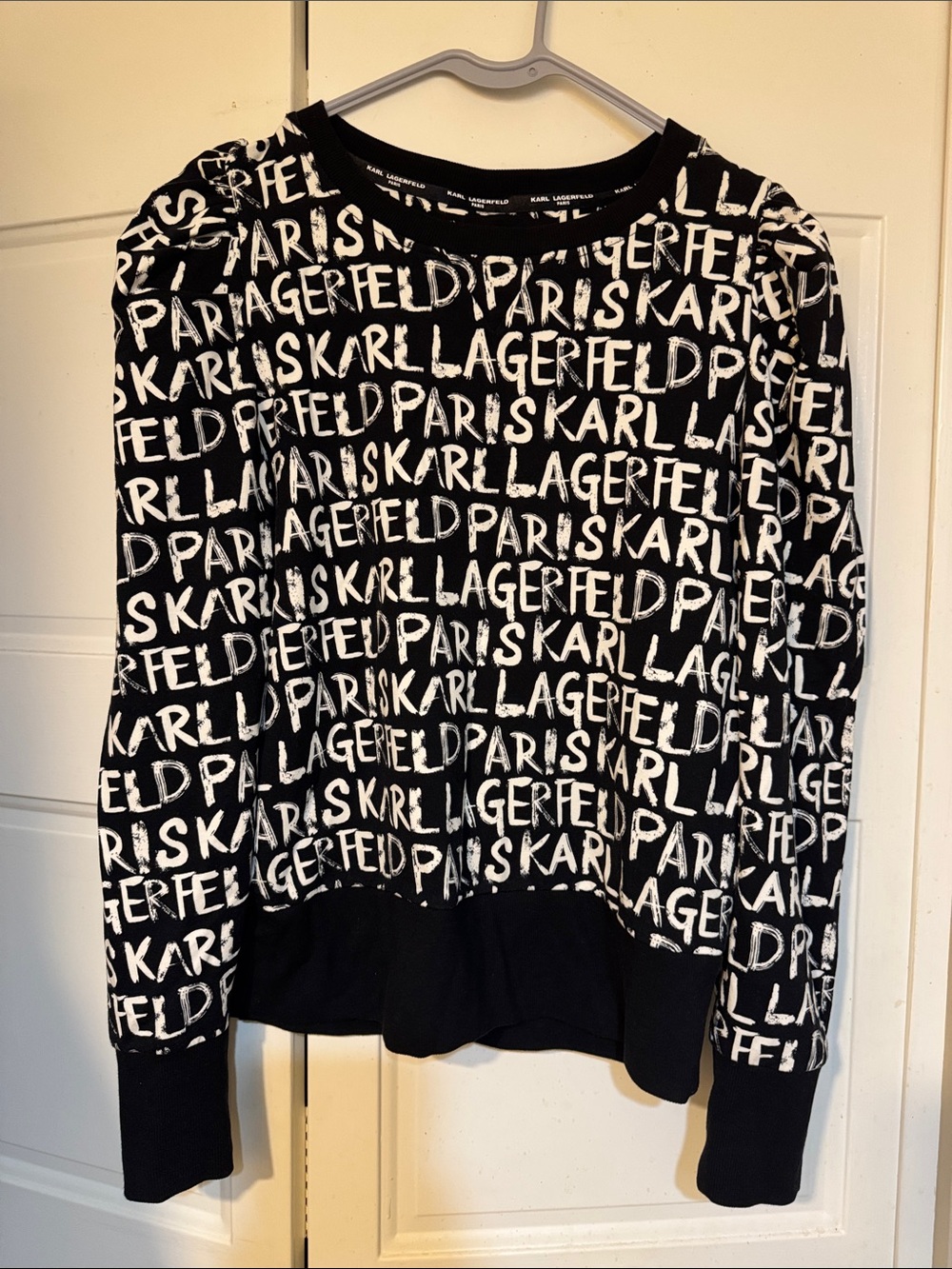 Karl Lagerfeld Black and White Logo-Print Crewneck Sweater